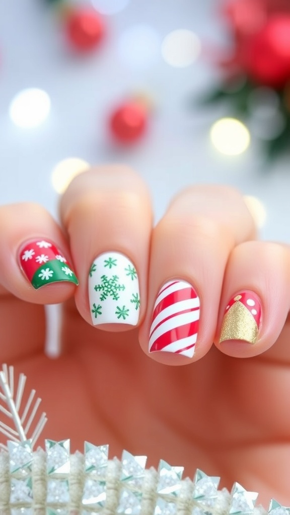 Short nails featuring Christmas nail art designs including red and green, snowflakes, and candy cane stripes.